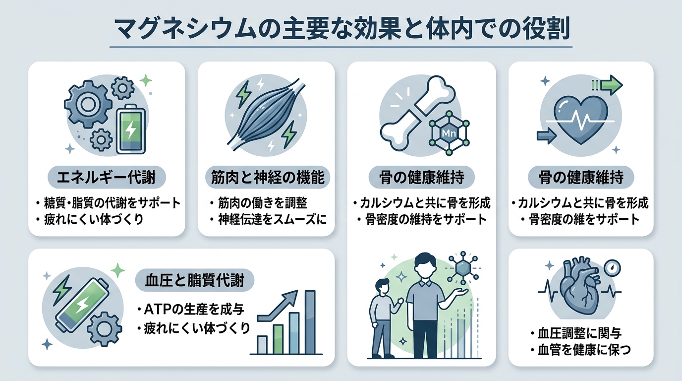 マグネシウムの主要な効果と体内での役割