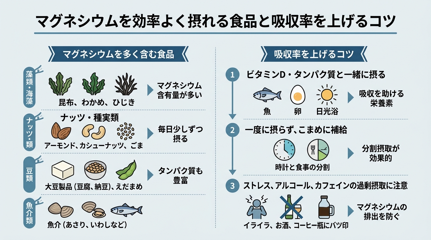 マグネシウムを効率よく摂れる食品と吸収率を上げるコツ