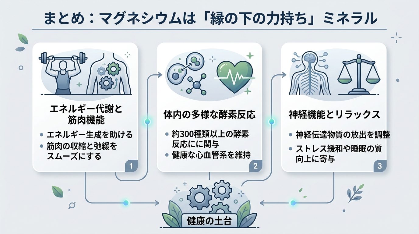 まとめ:マグネシウムは「縁の下の力持ち」ミネラル