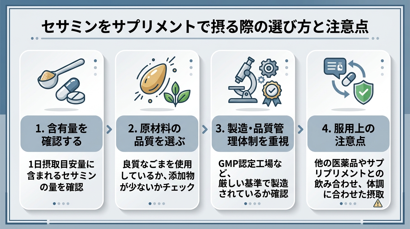 セサミンをサプリメントで摂る際の選び方と注意点