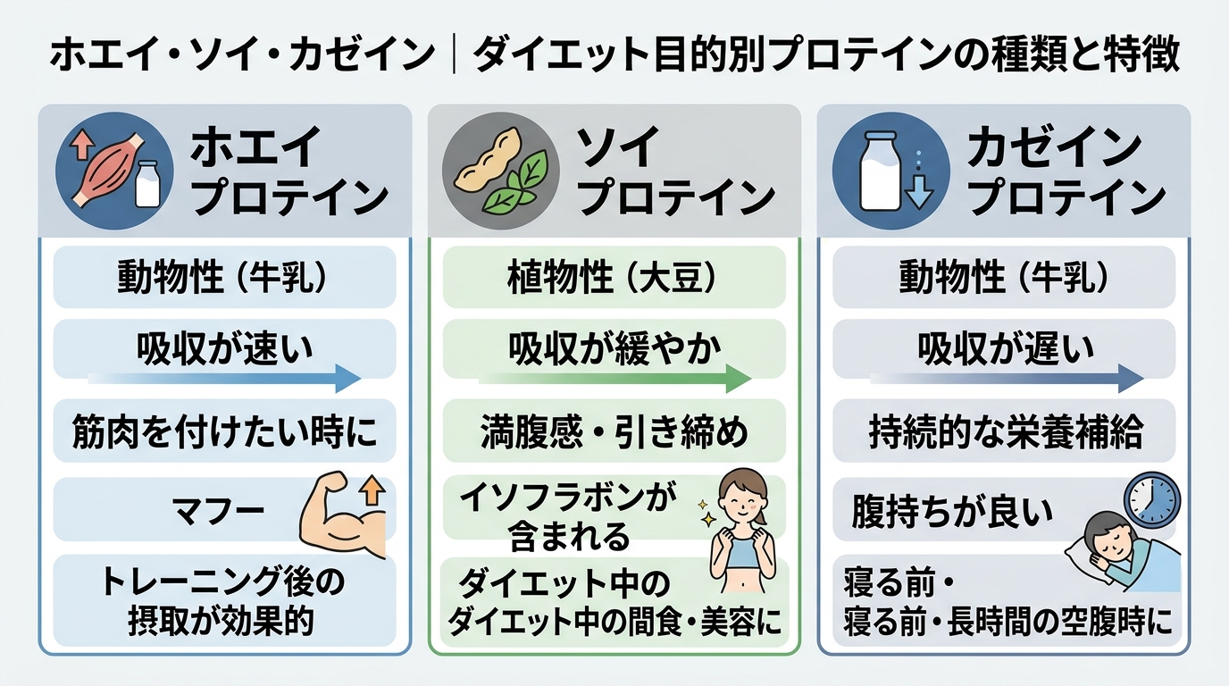 ホエイ・ソイ・カゼイン|ダイエット目的別プロテインの種類と特徴
