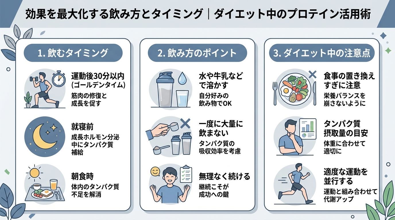 効果を最大化する飲み方とタイミング|ダイエット中のプロテイン活用術