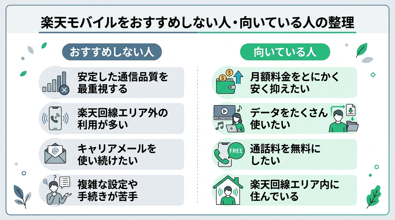 楽天モバイルをおすすめしない人・向いている人の整理