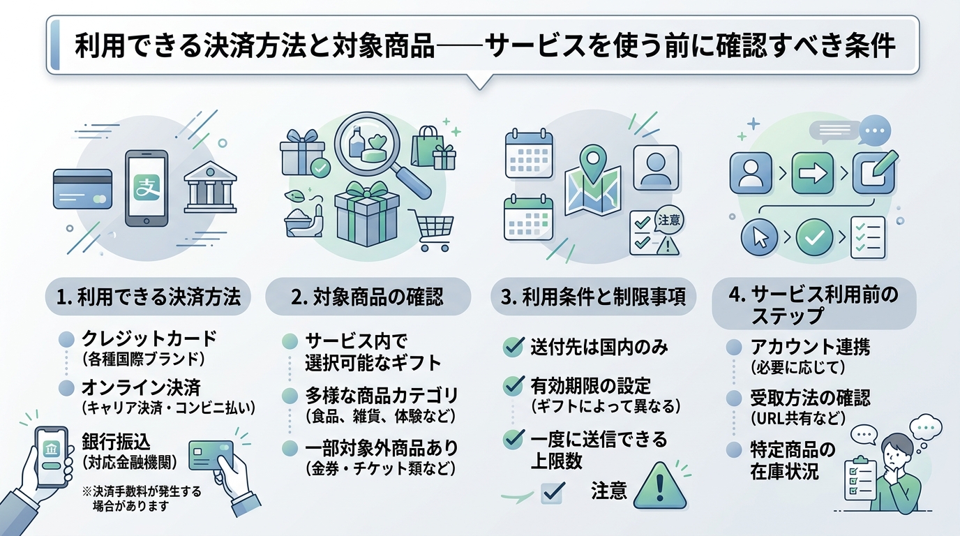 利用できる決済方法と対象商品――サービスを使う前に確認すべき条件