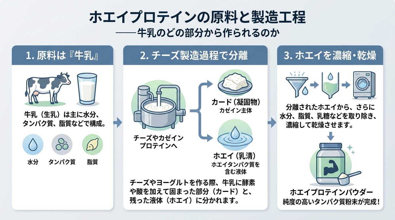 ホエイプロテインの原料と製造工程——牛乳のどの部分から作られるのか