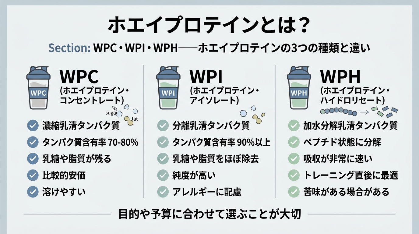 WPC・WPI・WPH——ホエイプロテインの3つの種類と違い