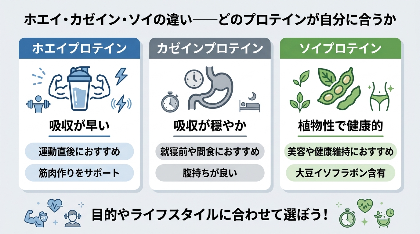 ホエイ・カゼイン・ソイの違い——どのプロテインが自分に合うか