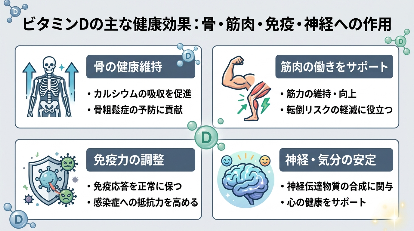 ビタミンDの主な健康効果:骨・筋肉・免疫・神経への作用