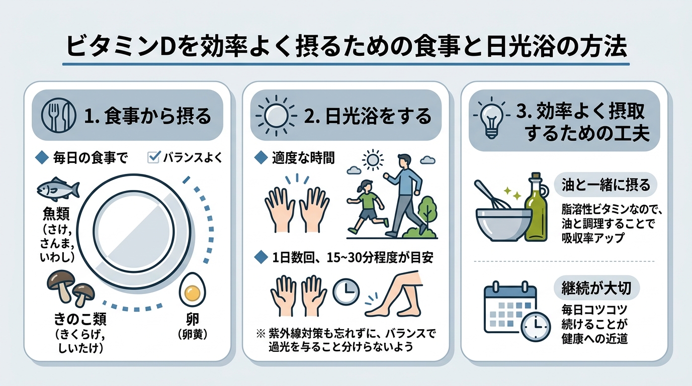 ビタミンDを効率よく摂るための食事と日光浴の方法